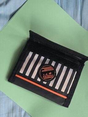Vintage 80s 90s L.A. Express Black & White Stripe Trifold Wallet Neon Orange